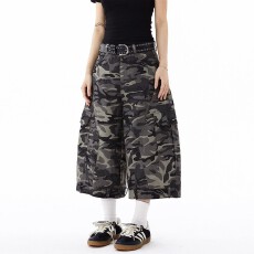 批发美式复古多口袋<b class='q'>迷彩</b>牛仔<b class='q'>裤</b>工装短<b class='q'>裤</b>男女设计感弯刀阔腿直筒七分<b class='q'>裤</b>