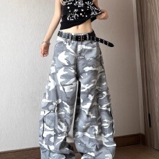 批发美式复古高街多口袋迷彩工装裤<b class='q'>男</b>女vibe宽松百搭休闲阔腿直筒裤潮