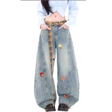 批发美式复古毛巾刺绣设计感<b class='q'>牛仔裤</b><b class='q'>女生</b>秋冬新款宽松拖地阔腿裤弯刀裤