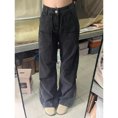 批发美式复古vibe褶皱工装牛仔裤女宽松设计感cleanfit<b class='q'>裤子</b>直筒阔腿裤