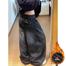弯刀设计感加绒加厚牛仔裤冬季美式复古高街拖地直筒阔腿宽松裤子