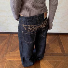 批发美式复古水洗刺绣黑色原牛牛仔裤<b class='q'>男</b>女弯刀裤反穿口袋休闲直筒<b class='q'>长裤</b>