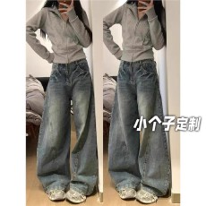 批发150小矮个子复古弯刀牛仔裤女<b class='q'>夏</b>季设计感拖地美式垂感高腰阔腿裤