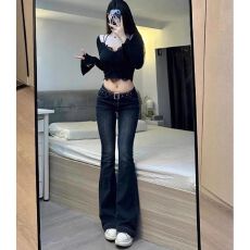 批发高街辣妹复古<b class='q'>韩</b>版微喇牛仔裤女春秋装配带腰带设计感喇叭牛仔裤潮