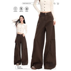 批发美拉德咖色弯刀裤工装牛仔裤女秋冬季高腰宽松直筒阔腿镰刀长裤子