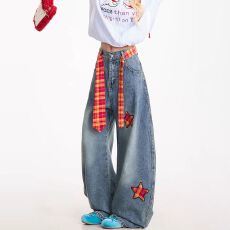 批发美式刺绣设计感卡通牛仔<b class='q'>裤</b>女<b class='q'>夏季</b>情侣款<b class='q'>宽松</b>直筒休闲百搭拖地长<b class='q'>裤</b>
