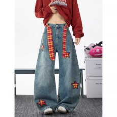 批发美式星星贴布格纹腰带牛仔裤<b class='q'>男</b>女秋季街头宽松百搭蓝色直筒阔腿裤