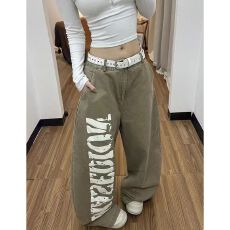 批发美式复古字母印花弯刀牛仔裤女春秋新款宽松阔腿拖地工<b class='q'>装</b>牛仔裤子