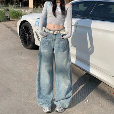 批发潮流通勤设计感阔腿牛仔<b class='q'>裤</b>女春秋季新款ins潮时尚高街拖地牛仔<b class='q'>裤</b>