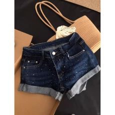 批发深蓝色烫钻卷边牛仔超短<b class='q'>裤</b>女夏季新款弹力低腰性感a字包臀热<b class='q'>裤</b>子