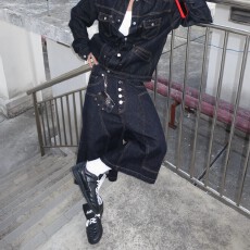 批发美式高街原牛多纽扣伐木工装七分裤<b class='q'>牛仔</b>裤<b class='q'>男</b>女潮牌水洗阔腿<b class='q'>短裤</b>子