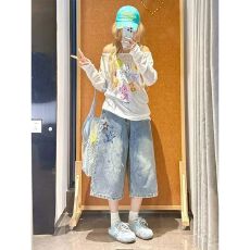 批发美式2026水洗做旧七分牛仔裤女夏薄款小个子高腰宽松阔腿印花<b class='q'>裤子</b>
