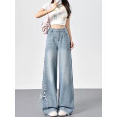 批发美式复古蝴蝶结格子翻边阔腿牛仔裤女2026新款设计感宽松直筒长裤