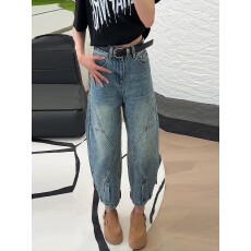 批发复古蓝色牛仔九分裤女夏薄款2026新款大码胖mm宽松显瘦弯刀阔腿裤