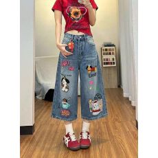批发美式复古卡通<b class='q'>可爱</b>刺绣牛仔短裤女夏季宽松阔腿高腰直筒七分裤子潮