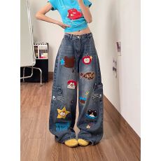 批发童趣小猫刺绣口袋<b class='q'>牛仔裤</b>女卡通风减龄美式宽松阔腿街头休闲长裤子