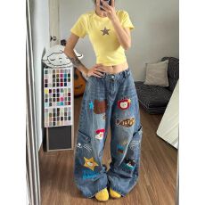 批发童趣小猫刺绣口袋<b class='q'>牛仔裤</b>女卡通风减龄美式宽松阔腿街头休闲长裤子