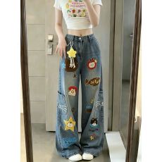 批发卡通毛巾刺绣阔腿工装<b class='q'>牛仔裤</b>裤子女款2026夏季新款宽松显瘦直筒裤