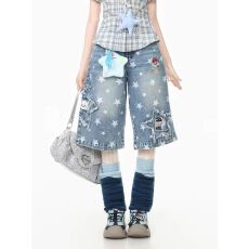 批发配挂饰~日系小狗星星刺绣牛仔七分<b class='q'>裤</b>男女<b class='q'>宽松</b>直筒阔腿<b class='q'>裤</b><b class='q'>复古</b>短<b class='q'>裤</b>