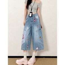 批发美式复古趣味刺绣牛仔七分<b class='q'>裤</b>女夏季做旧水洗宽松直筒休闲<b class='q'>百搭</b>短<b class='q'>裤</b>