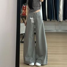 批发美式复古<b class='q'>水洗</b>阔腿牛仔裤女新款气质高腰宽松直筒拖地长裤子百搭潮