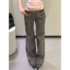 美式复古绑带低腰牛仔裤女夏季辣妹设计感小众宽松直筒拖地工装裤