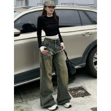批发美式复古辣妹水洗做旧阔腿<b class='q'>牛仔裤</b>女秋季高腰宽松显瘦百搭拖地长裤