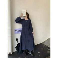 批发复古两色格纹宽松连衣裙女春夏2025新款慵懒七分袖长裙