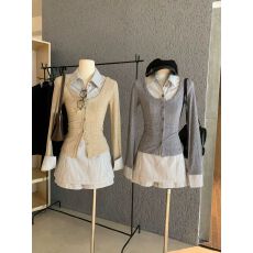 批发红人馆假两件衬衫女秋季高级感chic别致上衣法式修身显瘦针织衬衣