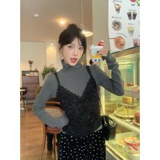 批发韩系2024秋冬新款甜美蕾丝吊带罩衫木耳边打底衫两件套时尚小衫女