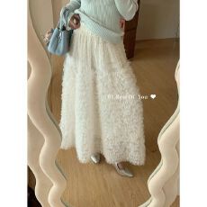 批发米白色网纱<b class='q'>花苞</b>半身<b class='q'>裙</b>女秋冬小个子高腰显瘦<b class='q'>裙</b>子韩系甜美a字长<b class='q'>裙</b>