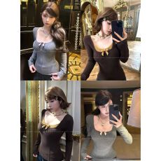 批发收腰拼色抽褶蝴蝶结薄绒打底T恤女内搭显瘦针织上衣