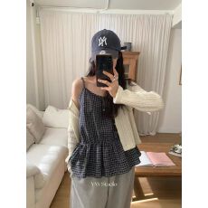 批发韩国小众设计荷叶边抽绳绑带小格纹吊带<b class='q'>背心</b><b class='q'>上衣</b>