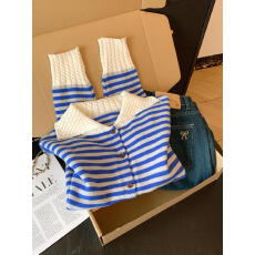 批发实拍  韩系<b class='q'>翻领</b>撞色条纹针织衫女秋季新款慵懒宽松显瘦毛衣外套