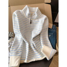 批发实拍  设计感撞色条纹气质拉链长袖毛衣女秋季显瘦百搭chic上衣