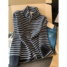 批发实拍  设计感撞色条纹气质拉链长袖毛衣女秋季显瘦百搭chic上衣