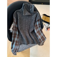 批发实拍  麻花纹翻领假两件<b class='q'>格子</b>拼接衬衫袖针织衫女复古软糯绞花毛衣