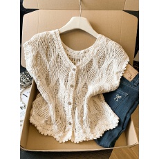 批发实拍  夏季薄款镂空针织开衫无袖V领背心上衣女复古钩花<b class='q'>马甲</b>