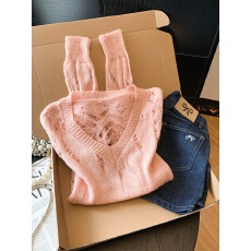 批发粉色v领针织衫女<b class='q'>秋</b>季慵懒宽松显瘦长袖上衣