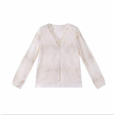 批发法式镂空钩花V领温柔减龄双层蕾丝开衫打底长袖上衣