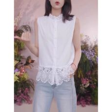 批发特惠【原版面料】<b class='q'>夏季</b>新款荷叶领下摆拼接蕾丝无袖背心<b class='q'>衬衫</b>
