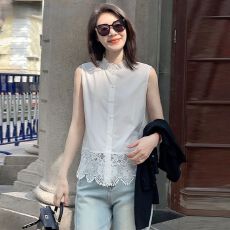 批发特惠【原版面料】<b class='q'>夏季</b>新款荷叶领下摆拼接蕾丝无袖背心<b class='q'>衬衫</b>