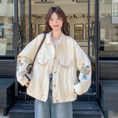 批发特价【牛仔面料】<b class='q'>春</b>秋新款小清新减龄中长款牛仔外套