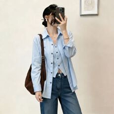 批发特惠【原版面料】春夏韩版小清新<b class='q'>假两件</b>翻领长袖<b class='q'>衬衫</b>