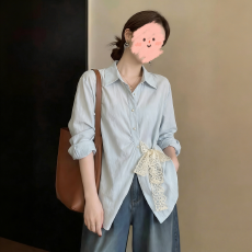 批发特惠【乐汐棉】春夏季新款拼接蕾丝绑带<b class='q'>衬衫</b>长袖上衣
