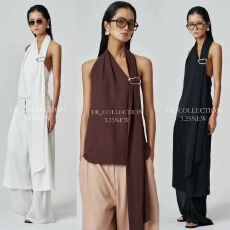 批发FR<b class='q'>韩国</b><b class='q'>代购</b>设计师款小众金属装饰不对称挂脖飘带女人性感吊带上衣