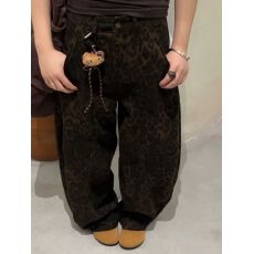 批发复古豹纹阔直筒牛仔<b class='q'>裤</b>女早秋季宽松显瘦窄版阔腿拖地长<b class='q'>裤</b>送配件