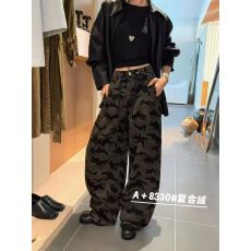 批发欧货2025女装宽松显瘦牛仔<b class='q'>裤</b>女秋季百搭复古迷彩复合绒休闲长<b class='q'>裤</b>