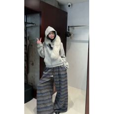 批发R13家新款 复古时尚复合加厚毛绒条纹阔腿<b class='q'>裤</b>