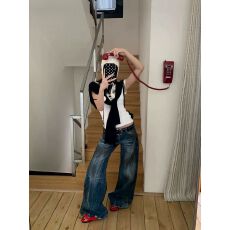 批发2025秋季新款美式复古洗水做旧辣妹低腰显瘦微喇复合绒牛仔长<b class='q'>裤</b>